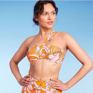 Set-Orange and Pink-Tropical Print Floral Halter Top+High-Waisted Bikini Bottom.